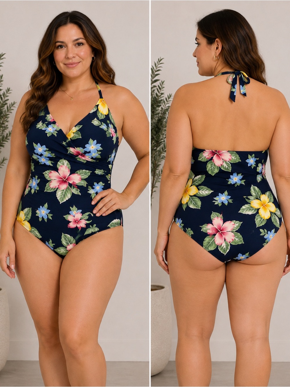 Jantzen Navy Floral Halter One-Piece Swimsuit with Pink Yellow Blue Accents